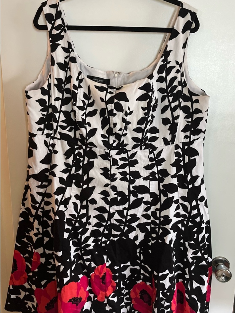 Nine West Black and White Leaf Print Dress with Bright Pink Floral Hem